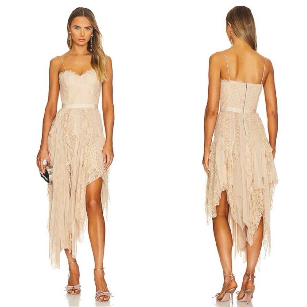 ALICE + OLIVIA Maritza Bustier Asymmetric Almond Ruffle Lace Midi Dress Sz 12